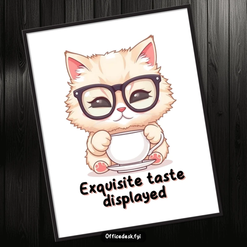 Funny Cat Glasses Digital Art Print: A sophisticated illustration of a cat in oversized glasses polishing a teacup, adding class and humor to digital displays.