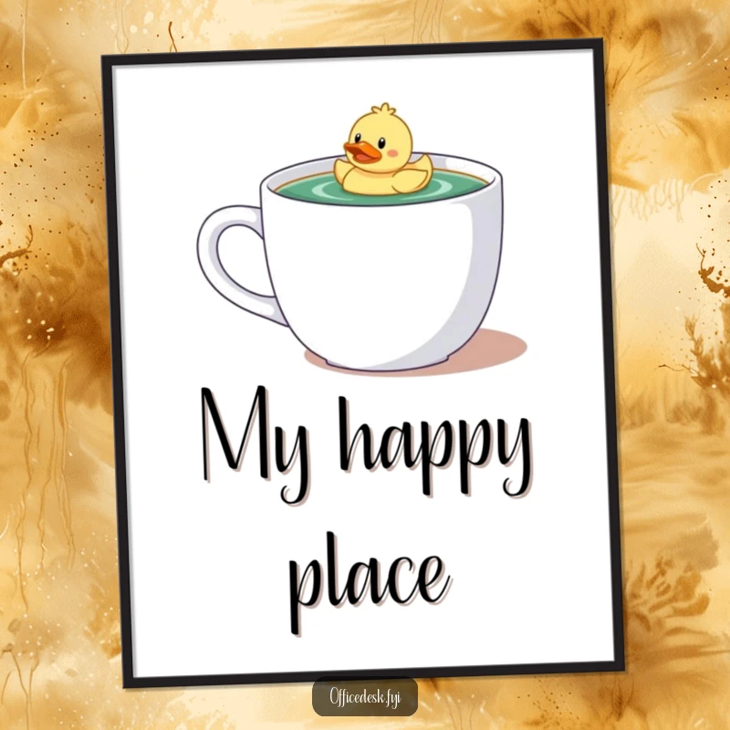 Funny digital art print of a tiny character with a rubber ducky floating happily in a giant coffee mug, bringing whimsical charm.
