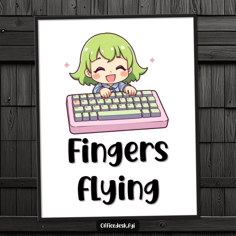 Funny Digital Art Print: A character typing energetically on a comically huge keyboard, symbolizing the fun of technology.