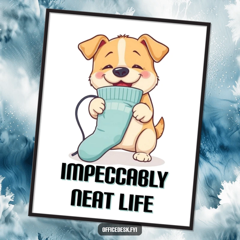 Funny Dog Ironing Digital Art Print: A cheerful illustration of a dog ironing a sock with its nose, adding energetic humor to digital displays.