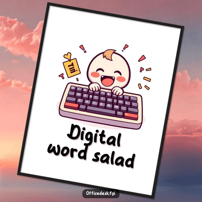 Funny Digital Art Print: A small, cheerful keyboard character joyfully typing a chaotic yet uplifting message, embodying digital communication humor.