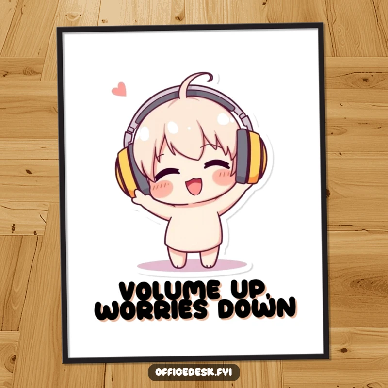 Funny digital art print of a character in massive headphones, enthusiastically bobbing its head, capturing the pure joy of music.