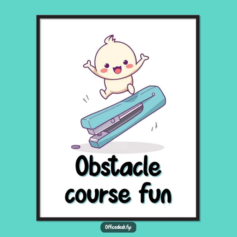 Funny Office Antics Art Print: Happy Character Leaping Stapler, Whimsical Funny Gift