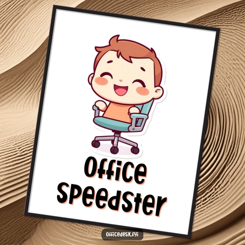 Digital art print of a funny tiny character with a joyful grin, riding a rolling office chair.