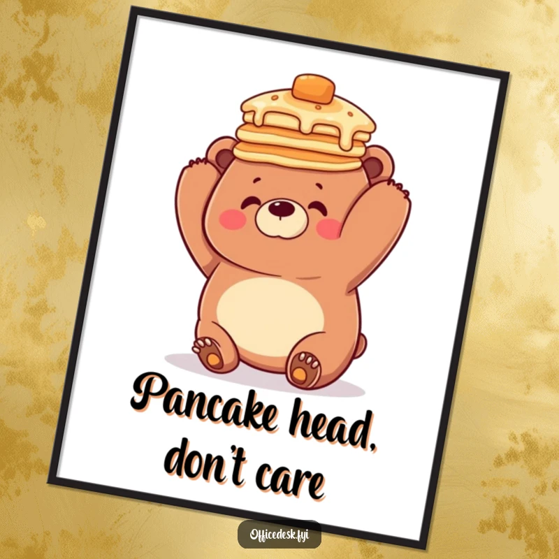 Funny digital art print of a clumsy bear comically balancing a huge stack of pancakes on its head, ready to be printed and displayed.