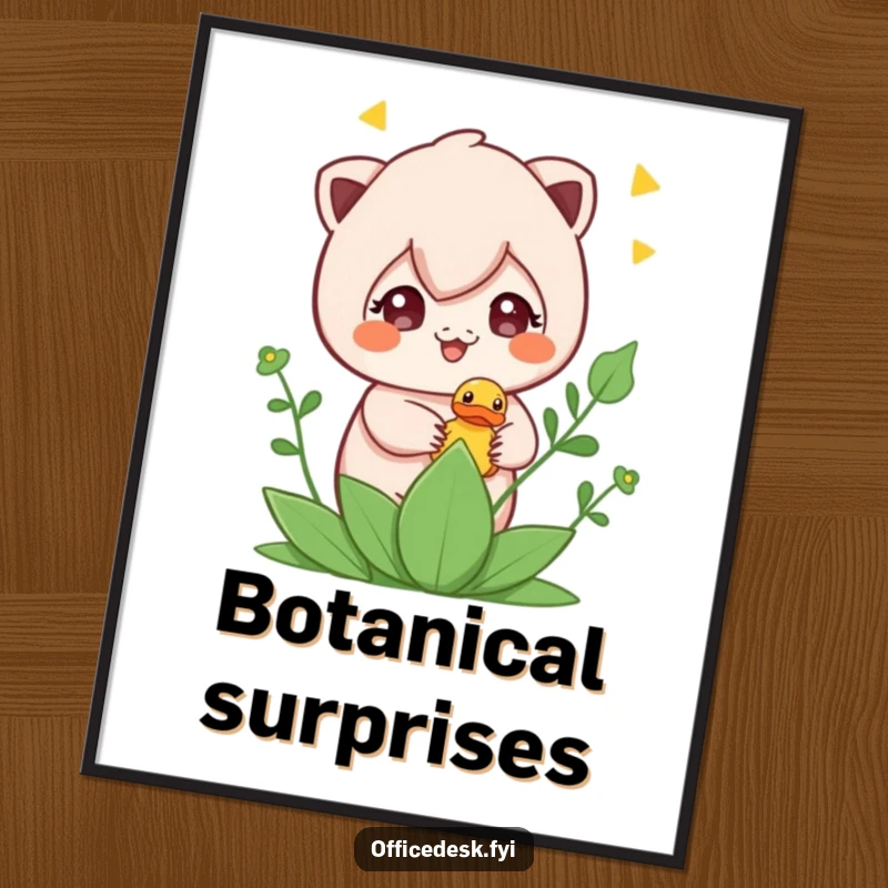 Funny digital art print of a cute character hiding a rubber ducky in a plant, capturing a moment of playful mischief.