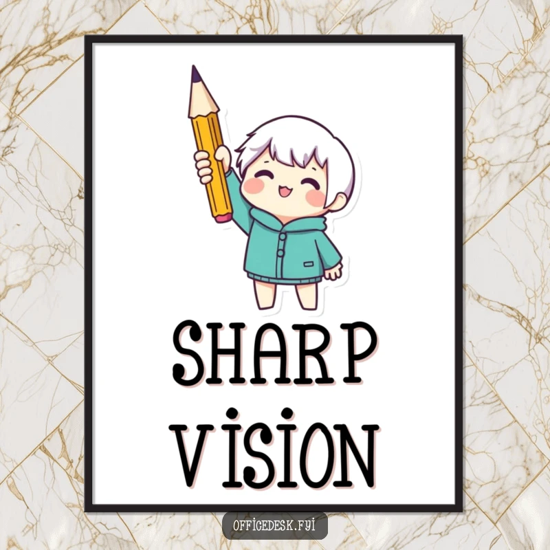 Funny digital art print of a tiny character holding a sharp pencil, symbolizing focus and achievement. Instant download for home decor.