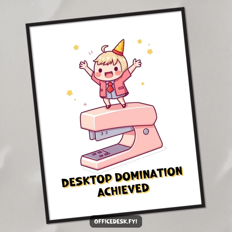 Funny digital art of a character dancing on a stapler, a humorous and instantly downloadable piece for office decor.