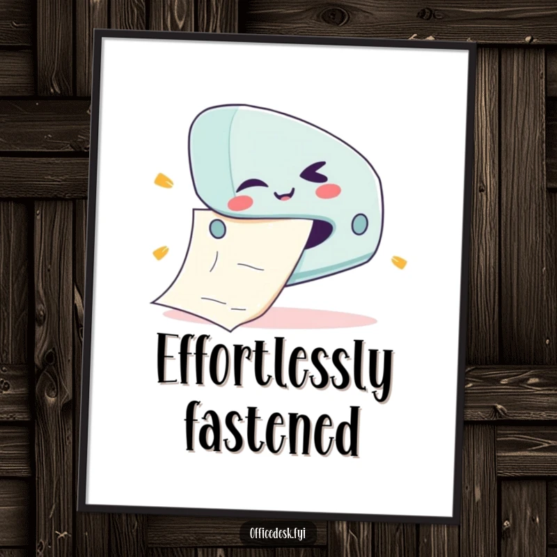 Funny digital art print of a cute stapler character with a mischievous wink, jamming a giant piece of paper.