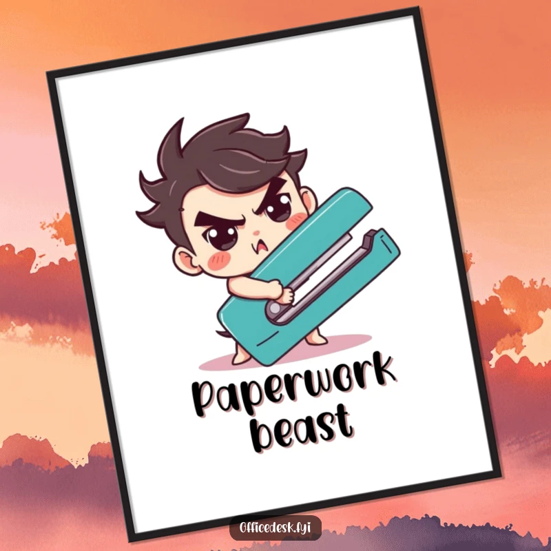 Digital art print of a funny character determinedly wrestling a giant stapler, for instant humorous decor.