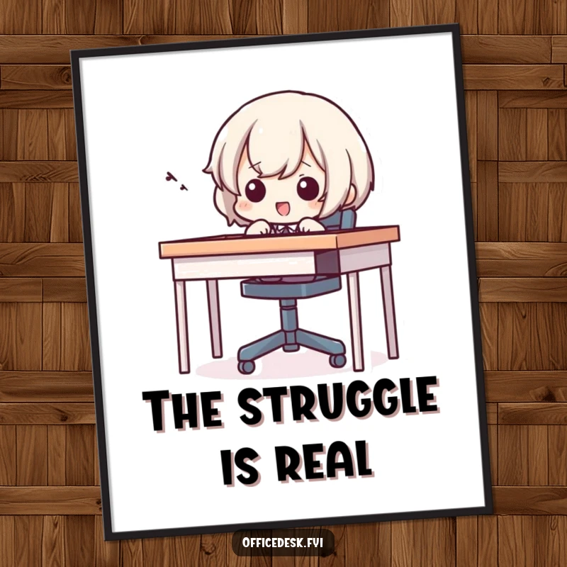 Funny digital art print of a small character comically attempting to fit into a tiny chair, evoking relatable office humor.