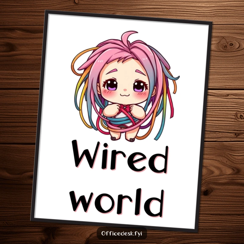 Funny digital art print of a character grinning, tangled in colorful cords, symbolizing relatable tech struggles. Instant download for decor.