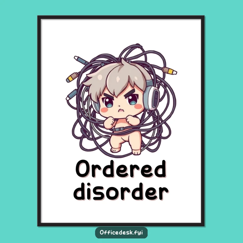 Funny Tech Struggle Art Print: Determined Character Conquering Cables, Humorous Wall Decor Funny Gift