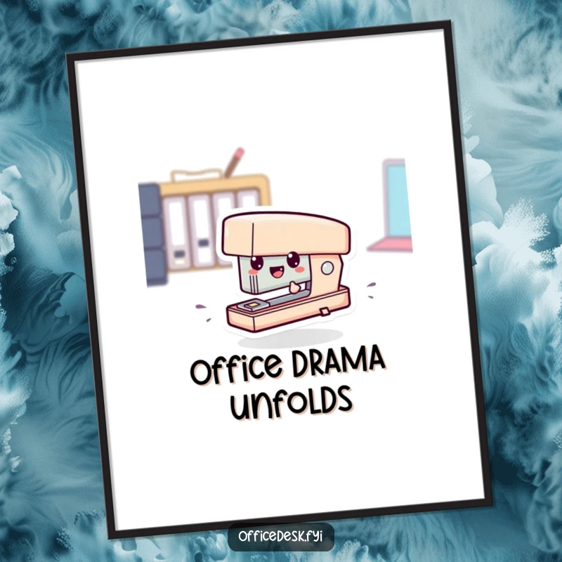 Funny digital art print of a tiny stapler character comically zipping across a surface, symbolizing fast-paced office fun.