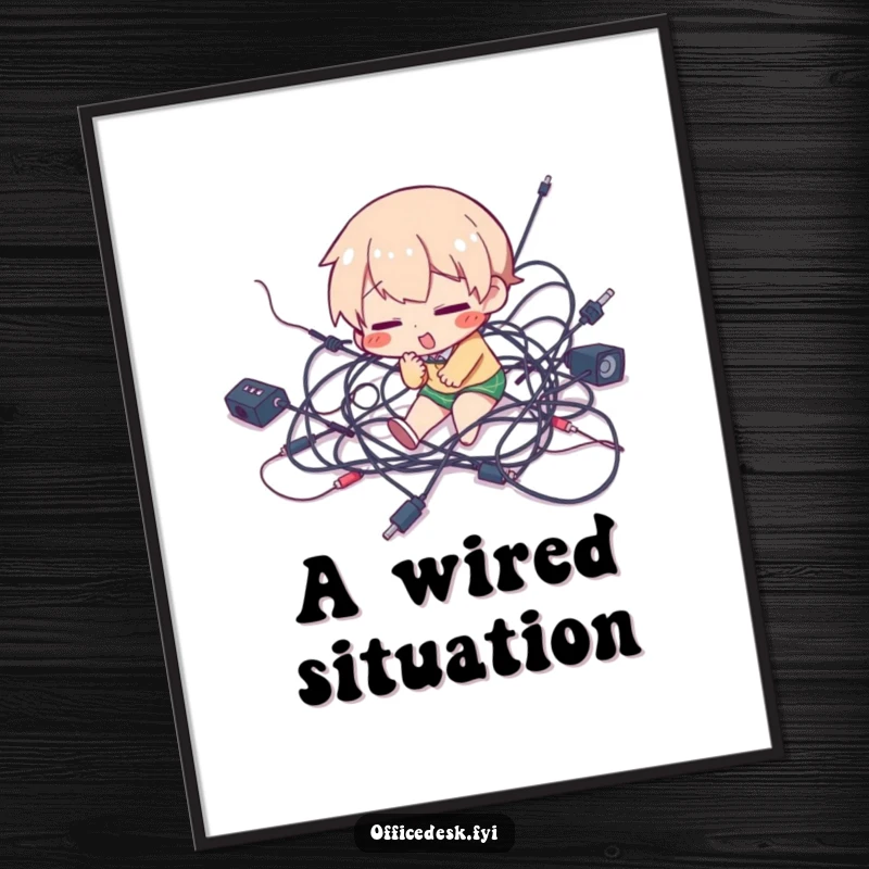 Funny digital art print showing a character comically tripping over a dense tangle of wires, embodying tech chaos humorously.