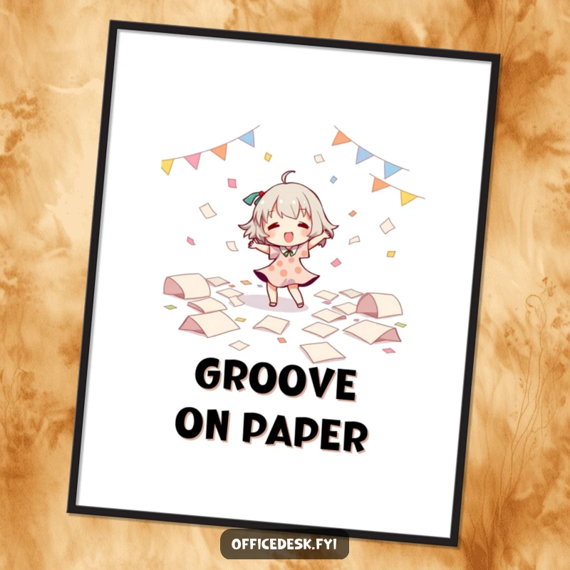 Funny Digital Art Print: Character dancing with abandon amidst floating papers, capturing spontaneous joy and playful chaos. A unique funny gift.