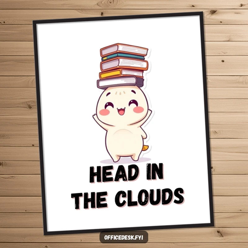 Funny digital art print with a happy character balancing a precarious stack of files on its head, ideal for instant organized decor.
