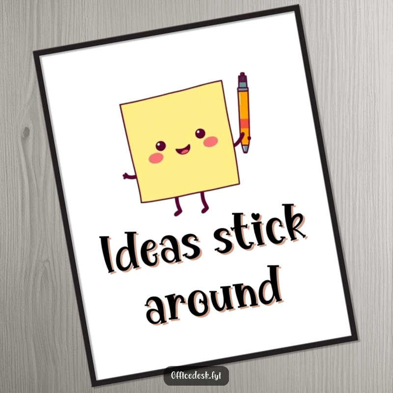 Funny digital art of a cheerful sticky note character in a joyful dance, pen in hand, perfect for instant cheerful decor.