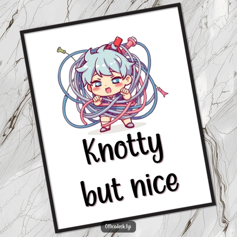 Funny Character Digital Art Print: A determined character untangling a giant knot of cables, perfect for instant decor.