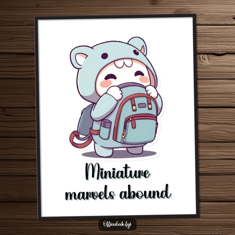 Funny digital art of a character zipping a microscopic backpack, a humorous and instantly downloadable piece.