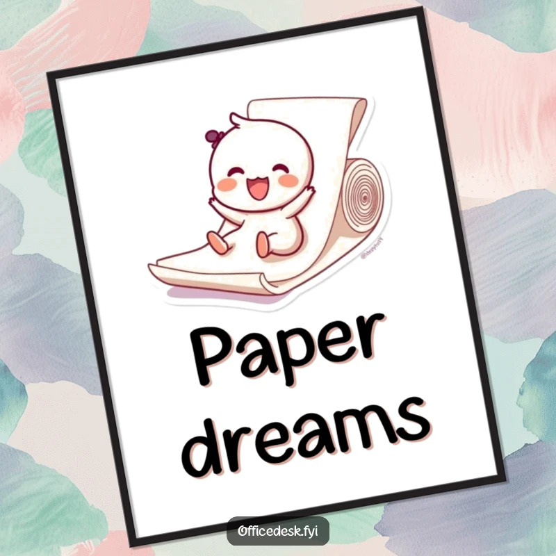 Funny digital art print of a happy character sliding down a paper ream, symbolizing pure joy and carefree fun. Instant download.