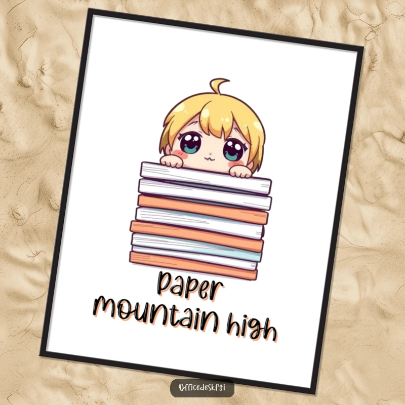 Funny digital art print with a cute character peeking over a giant stack of papers, eyes wide, ideal for instant work humor.