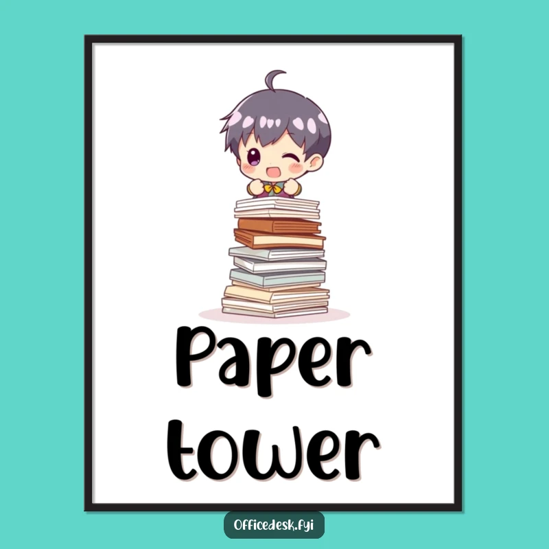 Funny Digital Art: Tiny Paper Stacker's Hilarious Desk Scene - Print Gift!