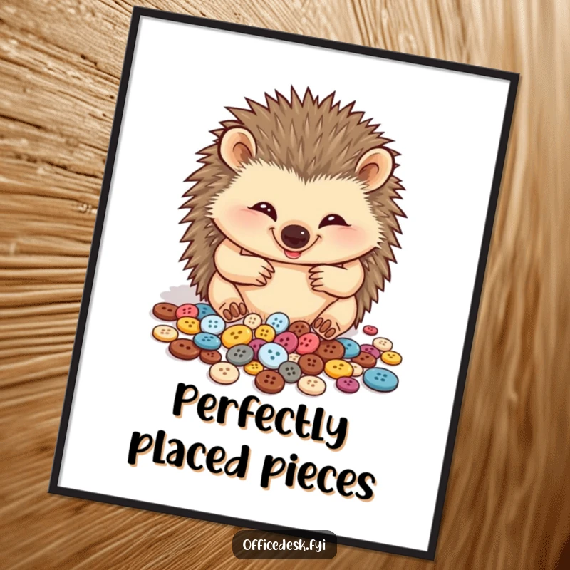 Funny digital art print of a beaming hedgehog meticulously organizing its massive collection of tiny buttons, showcasing cute dedication and humor.