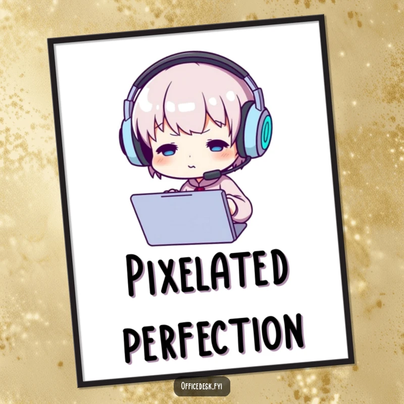 Funny digital art print of a small character with oversized headphones, looking intently at a screen, full of focused, screen-time humor.