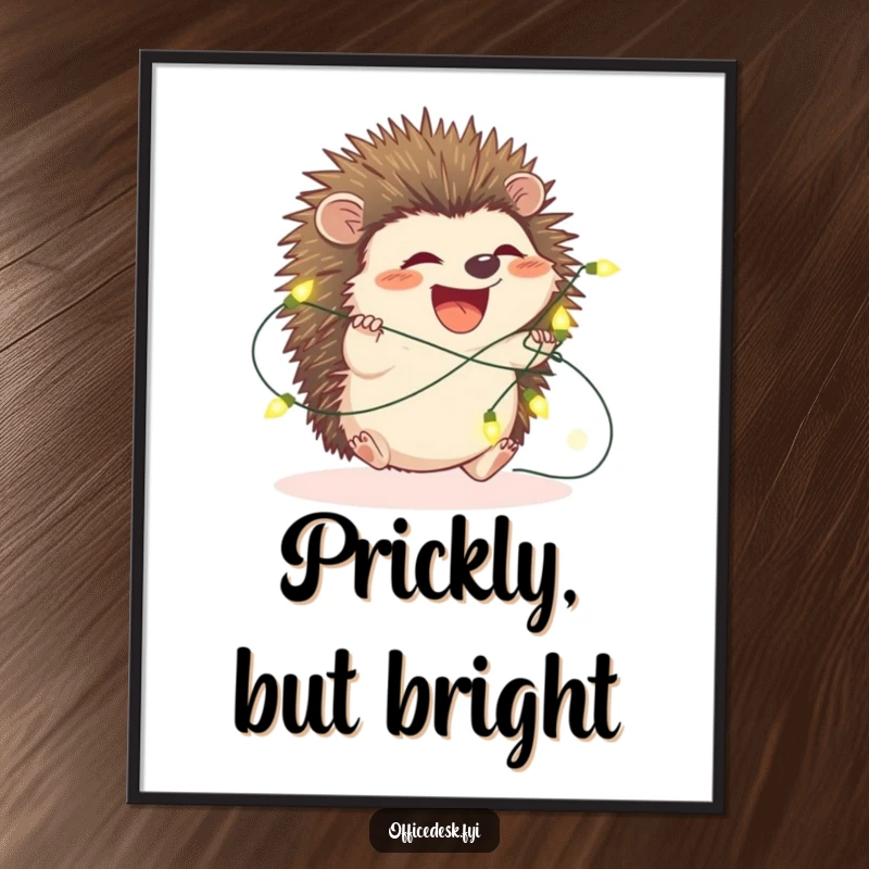 Funny hedgehog digital art print, a small hedgehog is hilariously caught in a string of twinkling fairy lights, festive and cute.