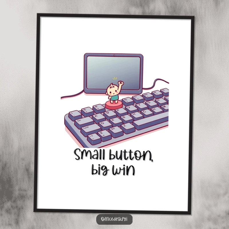 Funny digital art print with a small character triumphantly pressing a tiny button on a large keyboard, ideal for instant motivational decor.