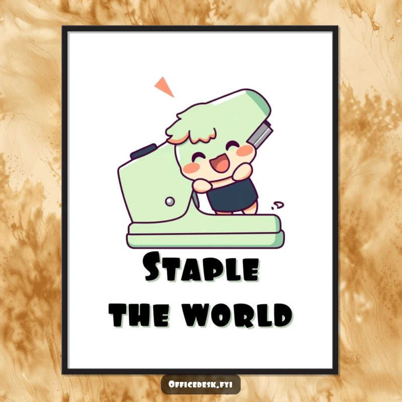 Funny digital art print of a cheerful character enthusiastically using a giant stapler, full of ambitious and humorous spirit.
