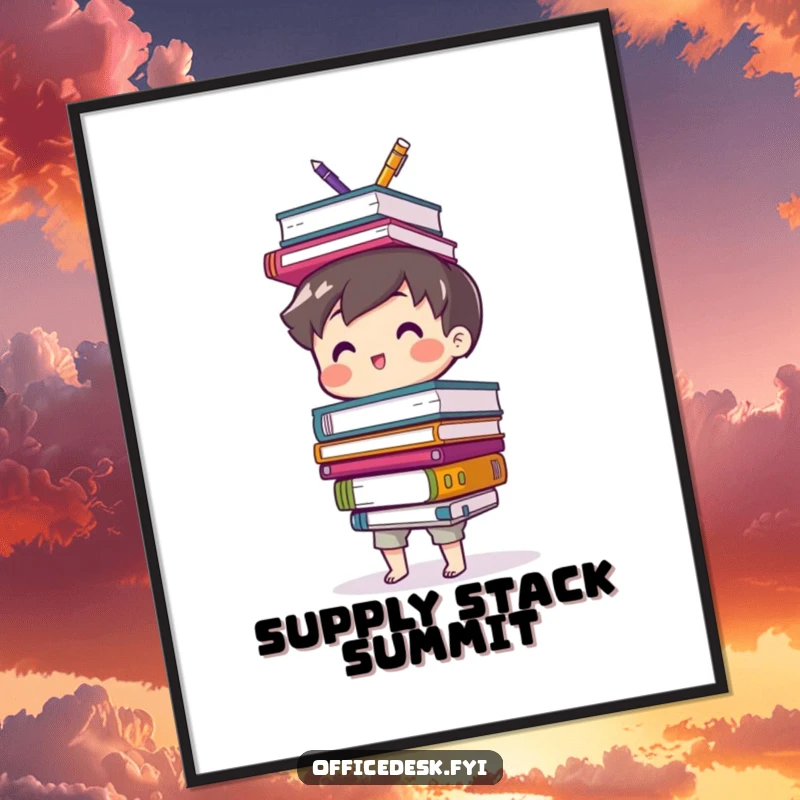 Funny digital art print of a cute character balancing a teetering stack of office supplies, full of desk-related whimsy.