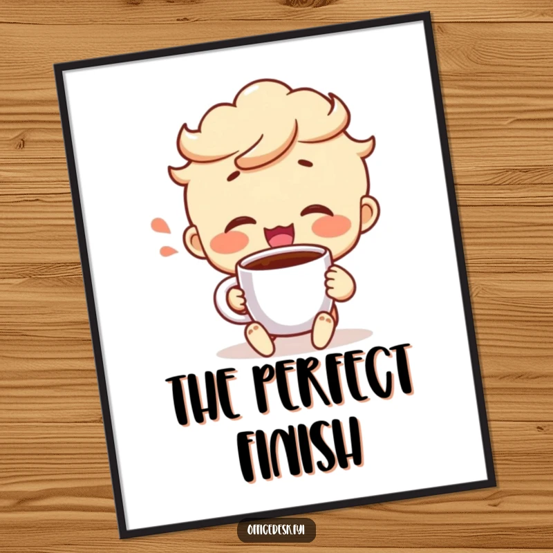 Funny digital art print of a cheerful character taking a satisfied sip from a coffee mug, capturing a moment of pure contentment.