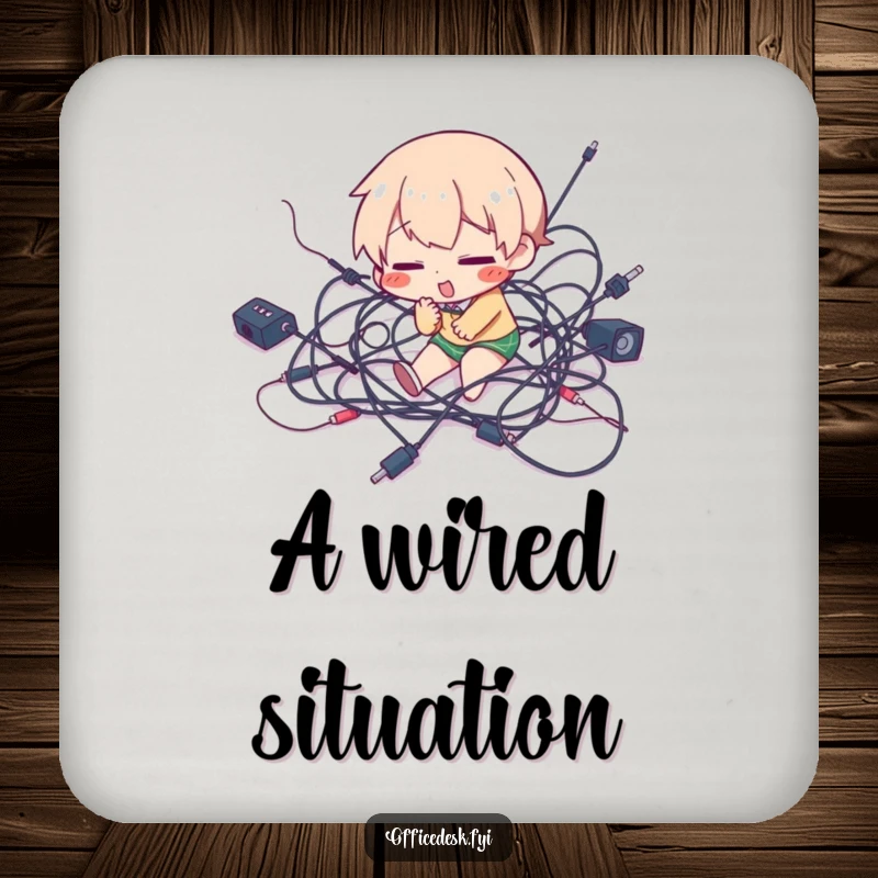 Funny drink coaster depicting a character comically tripping over a tangle of wires, a small piece of tech-themed humor.