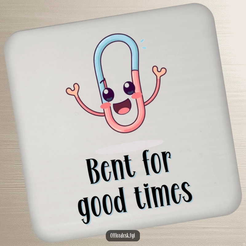 Funny drink coaster with a cute paperclip character twisting into a funny, delightful shape.