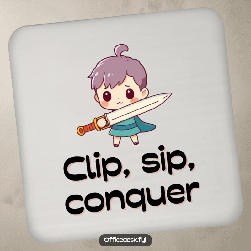 Funny drink coaster featuring a tiny character with a large paperclip sword, adding a touch of humorous heroism.