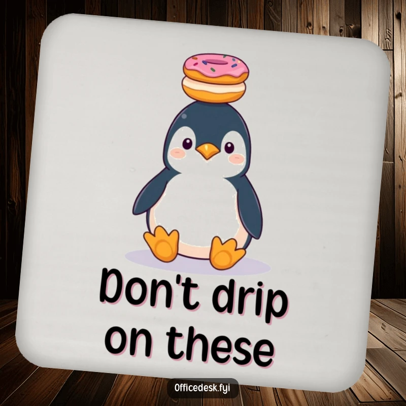 Funny penguin balancing a stack of donuts, coaster for surface protection and dessert humor.