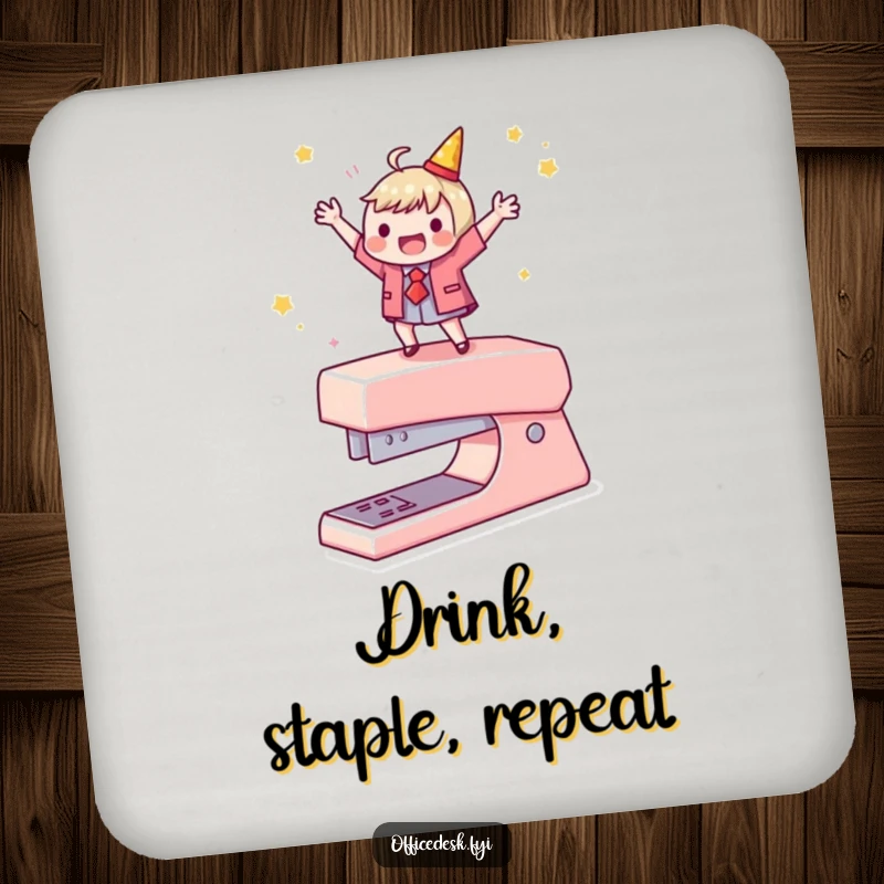 Funny drink coaster featuring a character dancing on a stapler, adding a touch of humorous office celebration.