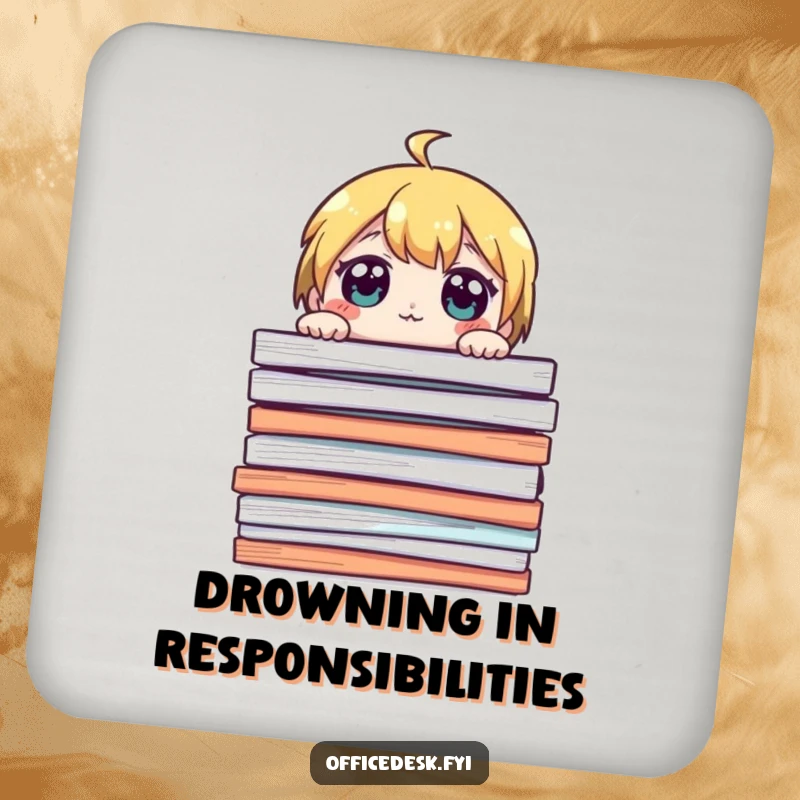 Funny coaster with a cute character peeking over a giant stack of papers, eyes wide, adding relatable work humor to surfaces.