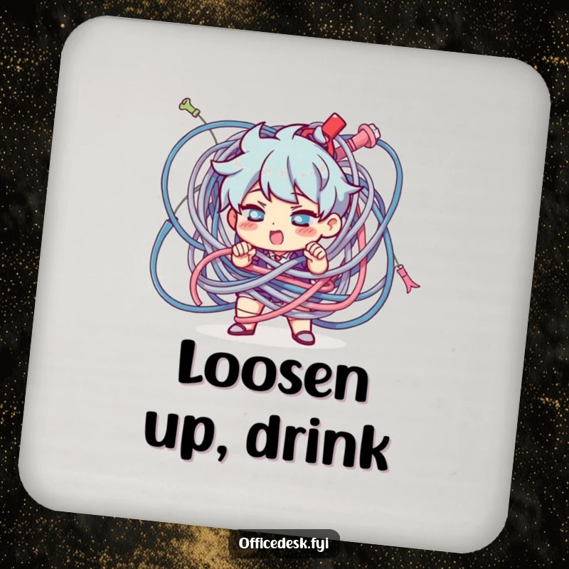 Funny Character Coaster: A determined character untangling a giant knot of cables, adding humorous protection.