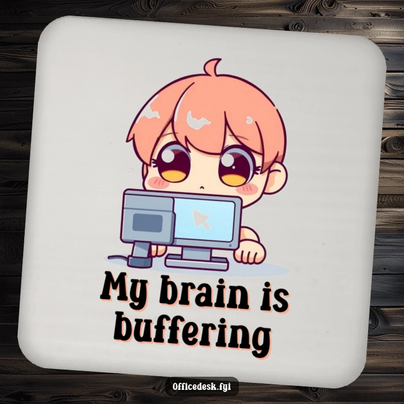 Funny drink coaster featuring a wide-eyed character observing a blinking computer cursor, a small piece of tech-themed humor.