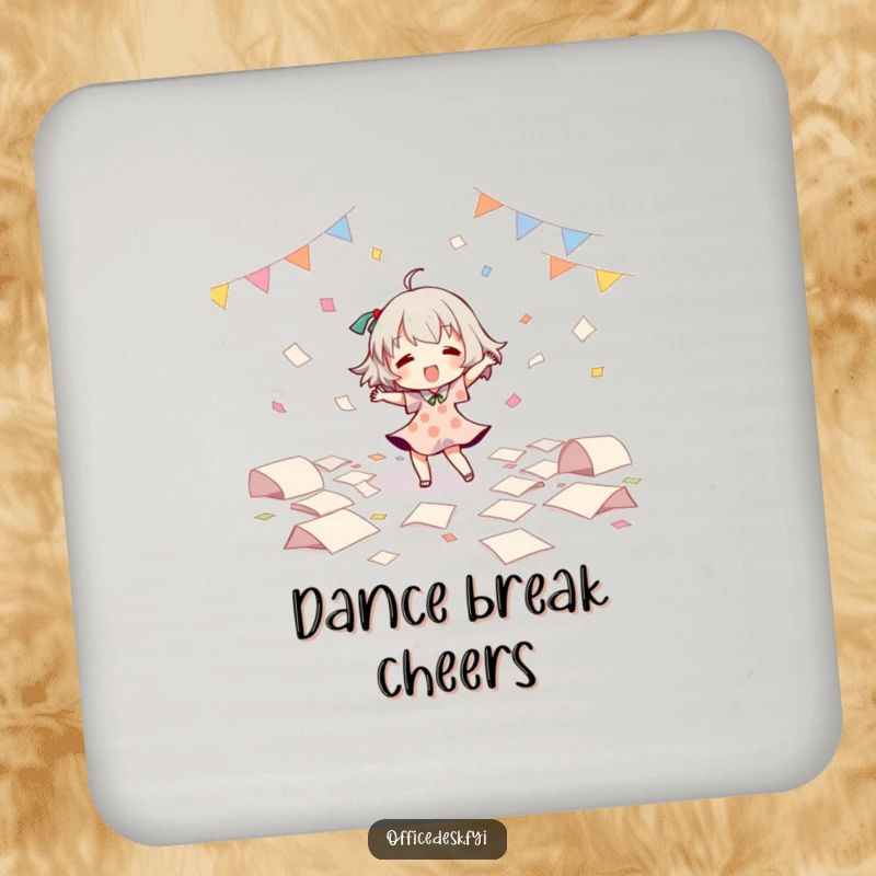 Funny Drink Coasters: Character dancing amidst scattered papers, embodying joyful chaos and fun. Great funny gift.
