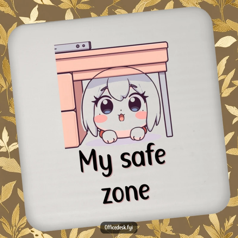 Funny drink coaster showing a surprised character hiding under a desk, eyes wide with humorous relief, excellent for surface protection.
