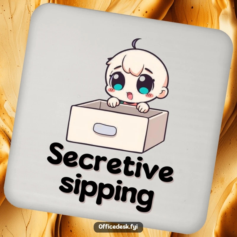 Funny Coaster: A small character with wide, excited eyes discovering a secret compartment within a desk drawer, a humorous desk accessory.