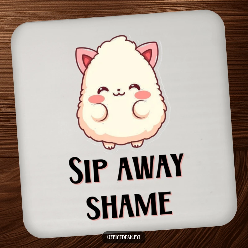 Funny drink coaster featuring a fluffy eraser character blushing with rosy cheeks.