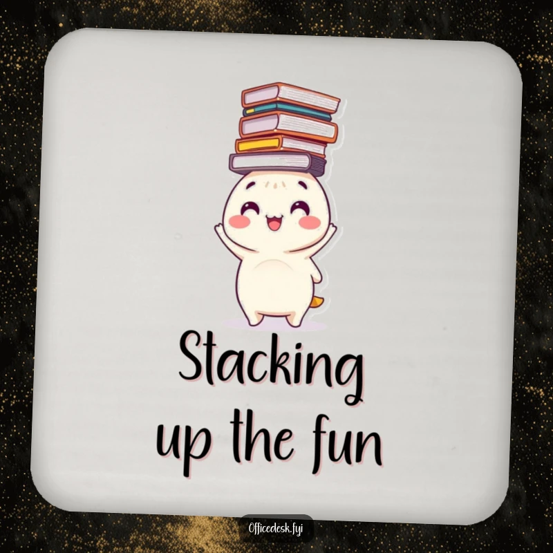 Funny coaster with a happy character balancing a precarious stack of files on its head, adding motivational organization humor to surfaces.