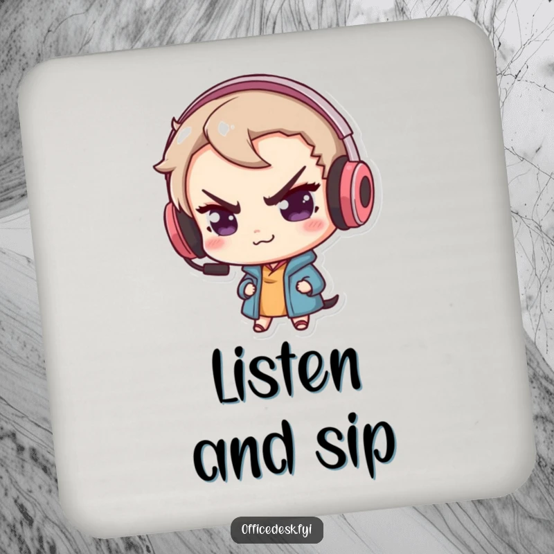 Funny drink coaster with a cute frog character sporting a mischievous smirk and an oversized gaming headset.