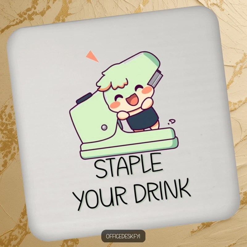 Funny drink coaster featuring a cheerful character attempting to use a giant stapler, adding a touch of ambitious wit.