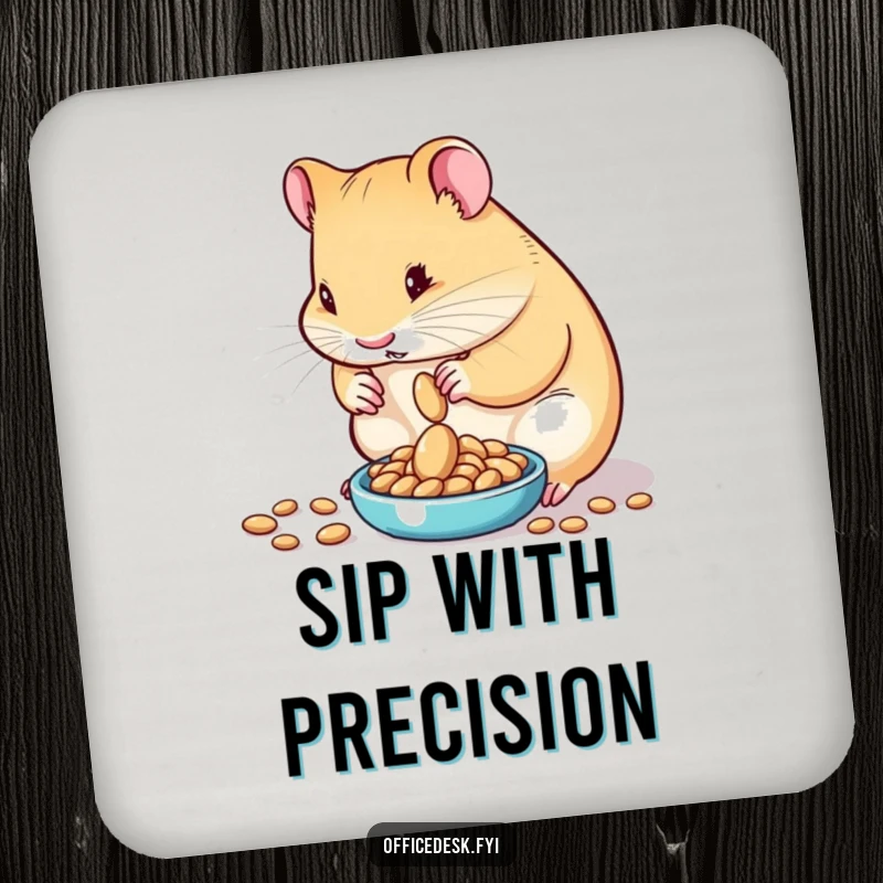 Funny coasters featuring a determined hamster carefully measuring exactly one seed on a tiny scale, adding precise and charming flair to any surface.